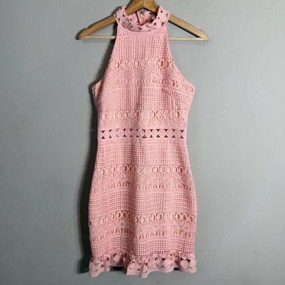Two Sisters Crochet Overlay Midi Dress Women's 4 Pink Sheer High Neck Cocktail - Picture 4 of 14